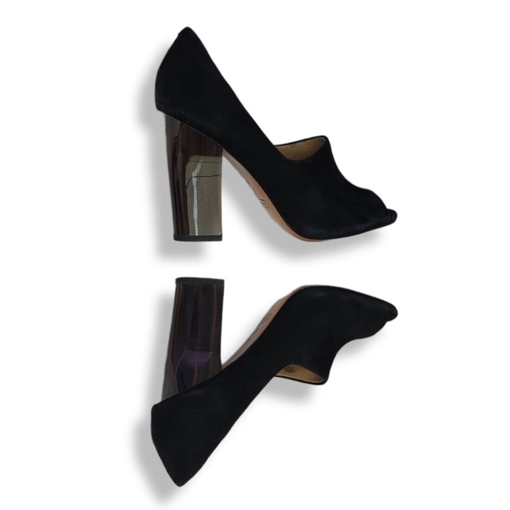 Black Suede Peep-Toe Block Heels - Women